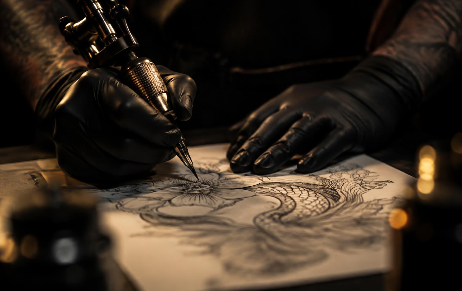 Mains gantées d'un tatoueur dessinant un motif à l'encre (image d'illustration)
